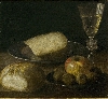 Re-poser / Re-garder : sculptures, dessins de Vincent Barré : Sébastien Stoskopff, Nature morte aux fruits, fromage et pain, Milieu du XVIIe siècle, huile sur toile. MuMa Le Havre.