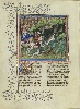 Gaston Fébus, prince Soleil : Le Livre de la chasse, fol. 89 v : Comment on doit poursuivre le lièvre avec les chiens, Paris, rédigé en 1387, enluminé vers 1407 sous la direction du Maître du Duc de Bedford. Parchemin, 215 FF 35,5 x 27 cm, Paris, BNF, Manuscrits, Français 616, © B