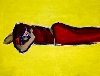 Damien Cabanes : Damien Cabanes, Saskia en robe rouge allongée sur fond jaune. 2008, huile sur toile. 187 x 245 cm.Courtesy galerie Éric Dupont, Paris