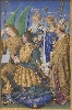 Tours 1500, capitale des arts : Jean Bourdichon (vers 1456/1457 – vers 1520/1521) : Feuillets des Heures de Louis XII Vers 1498-1502 Louis XII en prière présenté par les saints patrons du royaume Peinture sur parchemin ; feuillets détachés : 24,3 x 15,7 cm Los Angeles, the J. Paul Getty