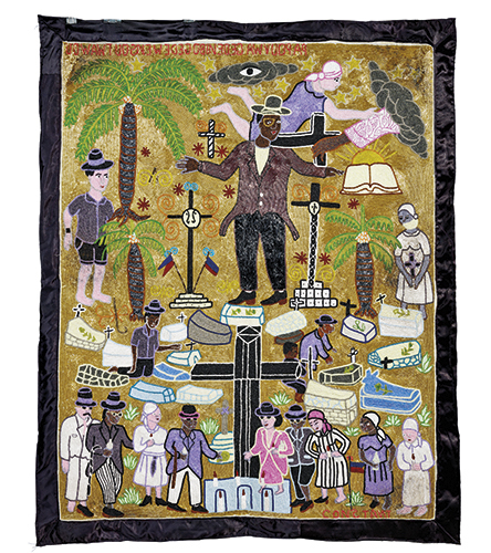 L'Afrique des routes : Myrlande Constant, Bannière Bawon, 2005, Haïti, fibre synthétique, perles de verre et de plastique, satin, 149 x 124 cm, Musée du Quai Branly