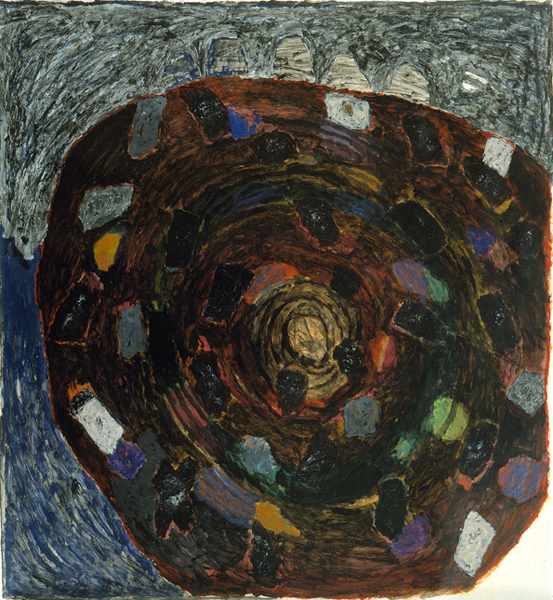 François Dilasser. L’Atelier. Œuvres choisies 1972-2007 : Grosse boule N°6. Septembre 2000, acrylique sur papier marouflé sur toile, 160 x 150 cm. Collection de l’artiste