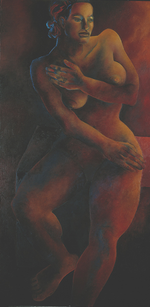 Brigitte Moreau-Serre. L’humain dans tous ses états : Brigitte Moreau-Serre. Nu féminin. 1994,  partie gauche d'un diptyque, huile sur toile, 120 x 60 cm.