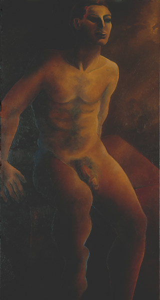 Brigitte Moreau-Serre. L’humain dans tous ses états : Brigitte Moreau-Serre. Nu masculin. 1994, partie droite d'un diptyque, huile sur toile, 120 x 60 cm.
