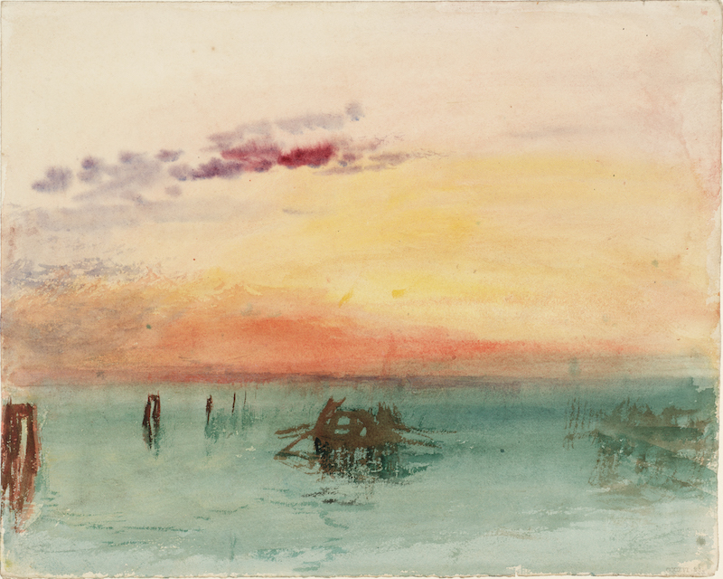 Turner. Peintures et aquarelles, collection de la Tate : J. M. W. Turner, Venise : vue sur la lagune au coucher du soleil, 1840, aquarelle sur papier, 24,4 x 30,4 cm Tate, Photo © Tate