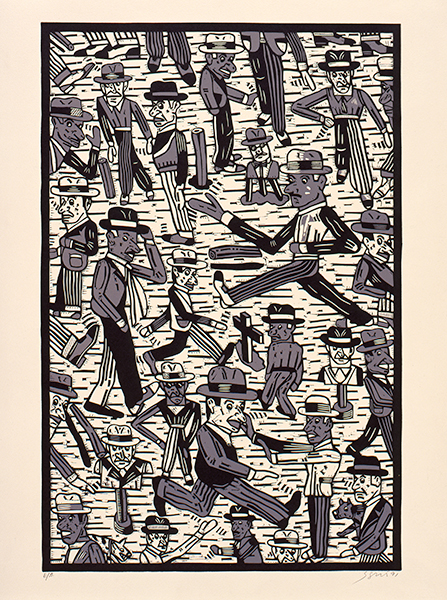 Antonio Seguí. La Peinture en miroirs : Gente en la calle II. 1991 / 89 x 62,7 cm. Linogravure en couleurs. Imprimeur Atelier Clot, Bramsen & Georges, Paris