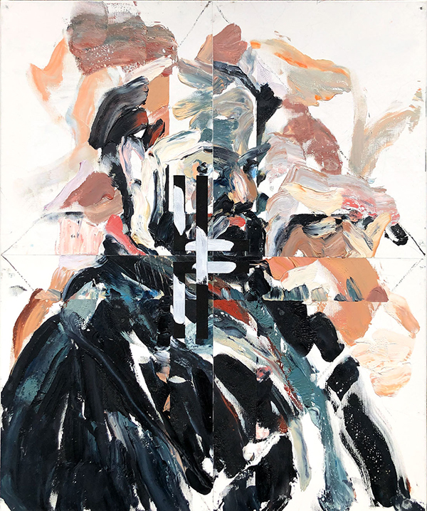 Bernard Joubert. Temps simultanés : Temps simultanés, autoportrait de Cezanne, 2021/1980/2008/2021, huile sur toile et acrylique sur ruban de toile, 65x54cm © Bernard Joubert