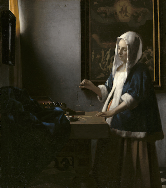 Vermeer et les maîtres de la peinture de genre : Johannes Vermeer, Femme à la balance, vers 1664. Huile sur  toile. 40,3 x 35,6 cm. Washington, National Gallery of Art,  Widener Collection © Washington, National Gallery of Art 
