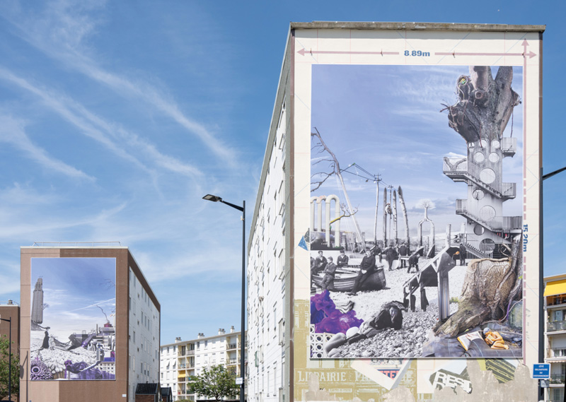 Un été au Havre 2023 : Grégory Chatonsky. La Ville qui n’existait pas – Épisode 1 : l’espace latent. 2023, images générées par IA, impressions numériques sur murs pignons d’immeubles du Havre, dans le cadre d’Un été au Havre.