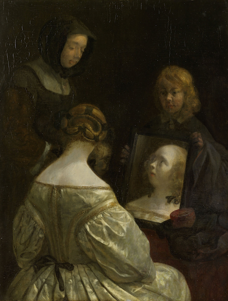 Vermeer et les maîtres de la peinture de genre : 7_Gerard Ter Borch, Femme à son miroir, vers 1651-1652.Huile sur toile. 34 x 26 cm. ©Amsterdam, Rijksmuseum 