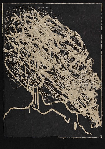 Miquel Barceló. Sol y sombra : Ezra Pound, Série 12 - LLETRAFERITS (Blessés des lettres) -2015. 75 x 57 cm. Gravure sur bois. © AndrÈ Morin, 2015 © ADAGP, Paris, 2016. Collection de l'artiste.