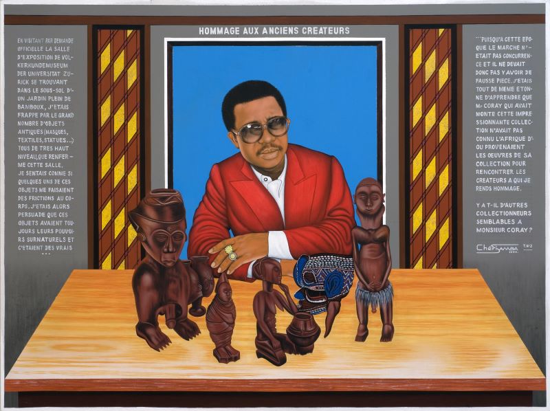 Chéri Samba dans la collection Jean Pigozzi. : Cheri Samba Hommage aux anciens createurs,1999  Acrylique et paillettes sur toile  153 x 203,2 cm