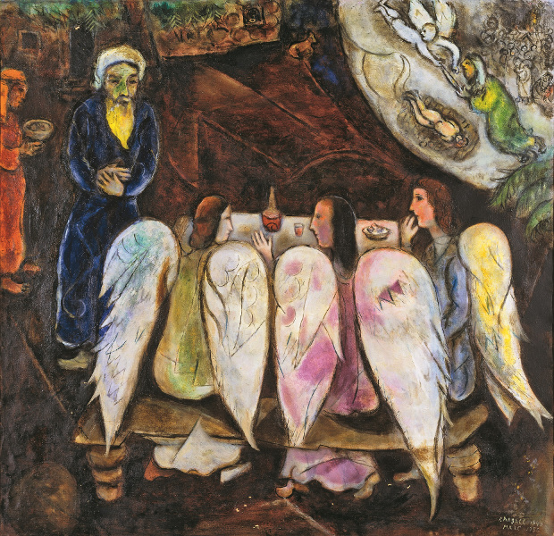 Chagall, de la poésie à la peinture : Abraham et les Trois Anges 1940-1950 Huile sur toile 127 x 133 cm Collection particulière © Adagp, Paris 2016 
