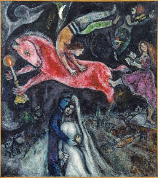 Chagall, de la poésie à la peinture : Le Cheval rouge, 1938-1944 Huile sur toile de lin 114 x 103 cm Centre Pompidou, Paris Musée national d’art moderne / Centre de création industrielle En dépôt au Musée des Beaux-Arts de Nantes © Adagp, Paris 2016 