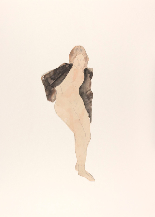 Rodin. Dessiner, Découper : Femme nue assise,  un vêtement sur les épaules, crayon graphite et aquarelle sur papier vélin découpé, © musee Rodin,  ph. Jean de Calan 