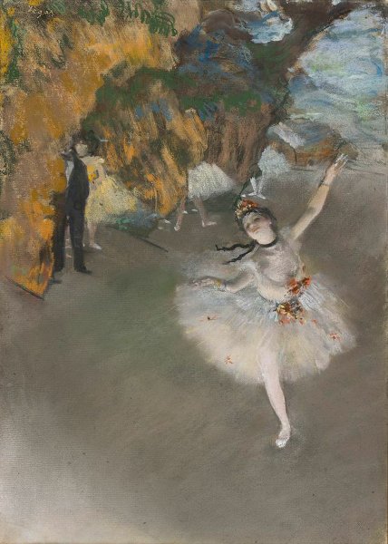 Degas, un peintre impressionniste ? : Edgar Degas. Ballet, dit aussi L’Étoile. Vers 1876, pastel sur monotype, 58,4 × 42 cm. Paris, musée d’Orsay. © Paris, musée d’Orsay. Photo : Patrice Schmidt