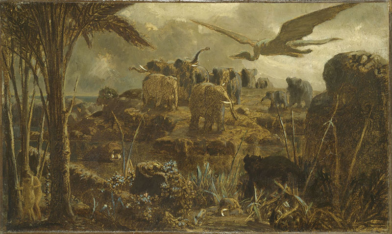 Charles Gleyre. Le romantique repenti : Les Éléphants.  Vers 1856, huile sur papier marouflé sur toile, 30 x 50,5 cm.  Musée cantonal des Beaux-arts, Lausanne.