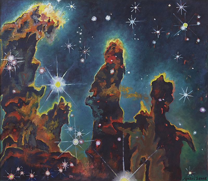 Biennale d’Issy – Chimères artistiques: figurer le cosmos :  Brigitte MOREAU-SERRE, Big Bang Cosmos 4, 2012, huile sur papier, 43 x 50 cm © Brigitte Moreau-Serre, ADAGP Paris 2021 – Photo : Marina Gusina