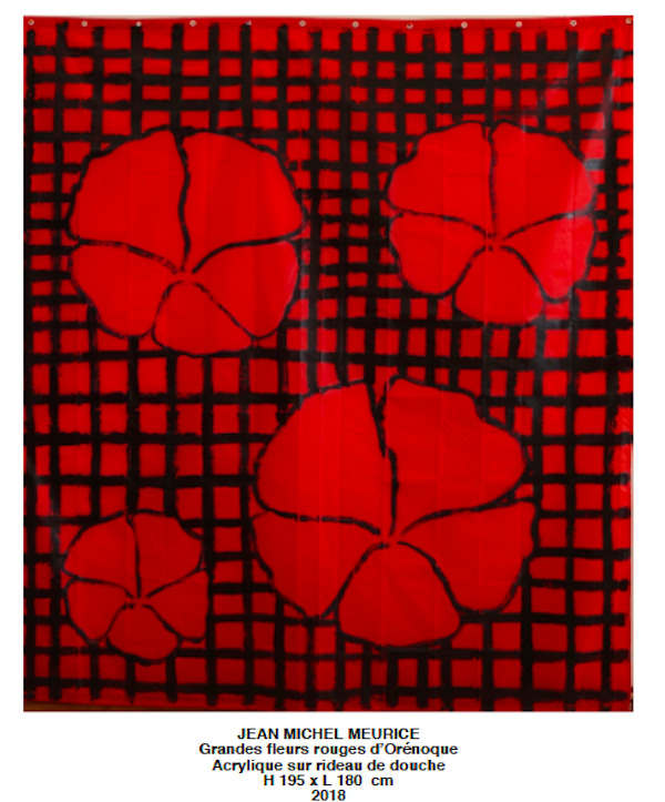 Jean-Michel Meurice et Jean le Gac s'invitent à la Ruche : Jean-Michel Meurice, Grandes fleurs rouges d'Orénoque, Acrylique sur rideau de douche, H195xL180 cm, 2018