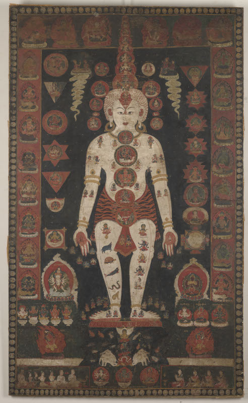 Médecines d'Asie. L'art de l'équilibre. : Purusha (l’homme cosmique) : représentation du « corps subtil », Népal, début du 19ème siècle, Détrempe sur toile – H. 159 cm ; l. 95 cm, Mnaag, MA 5171