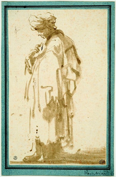 Rembrandt et son entourage dans l’Atelier du maître : Rembrandt Van Rijn, Homme oriental debout, de profil à gauche, Pointe de pinceau, plume, encre brune et lavis brun, Collé en plein sur l'ancien montage, H. 173 ; L. 108 mm