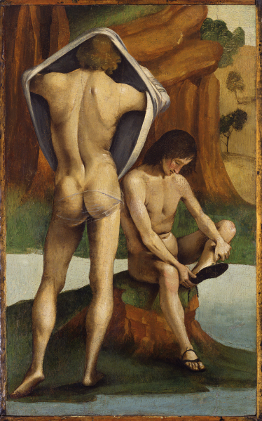 Luca Signorelli - « de ingegno et spirito pelegrino » (une invention originale et capricieuse). : Luca Signorelli. Deux nus masculins. 1488-1489, huile sur toile, 68 x 42 cm. Musée d’art de Toledo, Ohio.