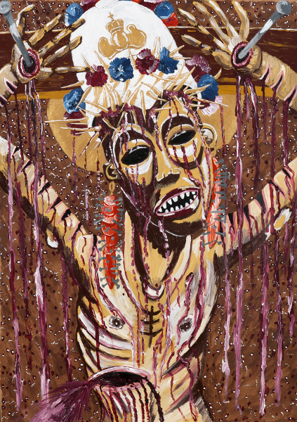 Andrew Gilbert – Les Maîtres fous, starring Andrew and Emil Nolde :  Andrew Gilbert, The Eternal Idol / Christ Crucifixion, 2012, technique mixte sur papier, 100 x 70 cm