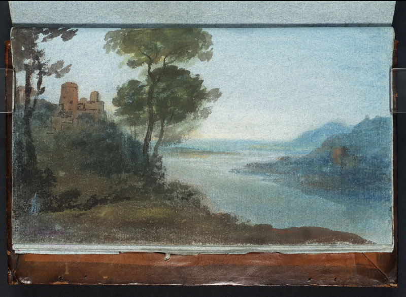 Turner inspired: in the light of Claude : Joseph Mallord William Turner.	 Copy of the Composition of Claude's 'Landscape with the Arrival of Aeneas' from  Studies for Pictures Sketchbook. Vers 1799, Aquarelle sur papier bleu, 21 x 13 cm, © Tate 2012