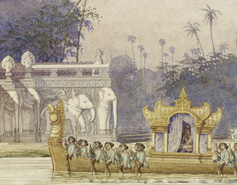 Angkor : Naissance d'un mythe - Louis Delaporte et le Cambodge : Vue idéale du perron nord de la terrasse des éléphants (détail) Louis Delaporte, après c.1890 H. 61,8 - L. 122,8 cm Mine graphite, aquarelle, rehauts de peinture dorée sur papier vélin. © D.R.