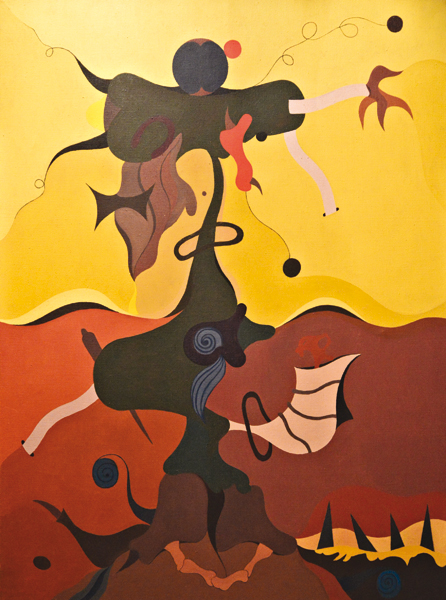 Jorge Camacho dans ses tours – Feu central : Hommage à Miró. Portrait de Mrs Mills.  2004, huile sur toile, 97 x 130 cm.