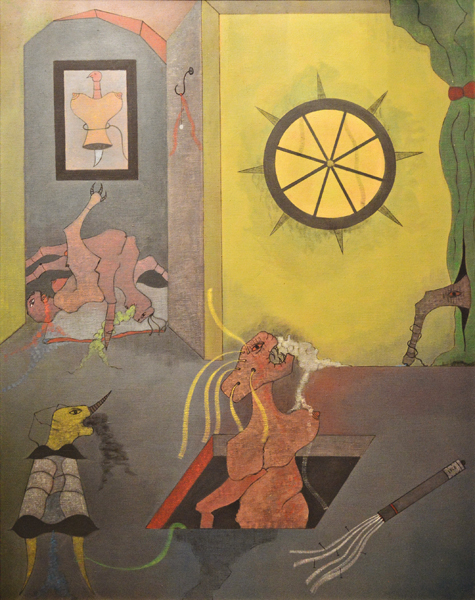 Jorge Camacho dans ses tours – Feu central : Madame vous descendez dans les ténèbres (Hommage à Sade). 1967, huile sur toile, 146 x 114 cm