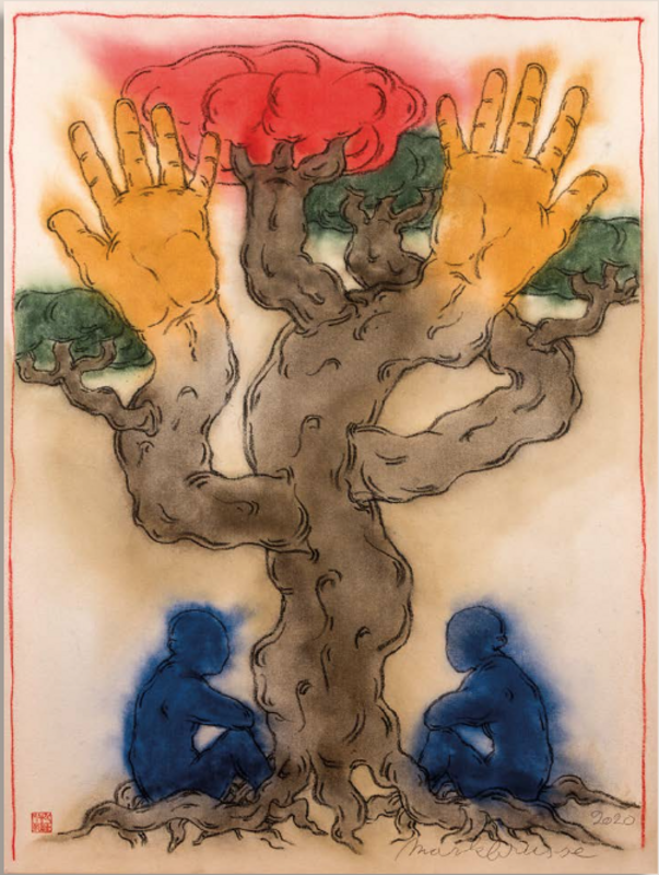 Mark Brusse. Œuvres choisies : Mark Brusse, Tree sitters - II, 2020. Détrempe sur toile, 130 x 96 cm. 