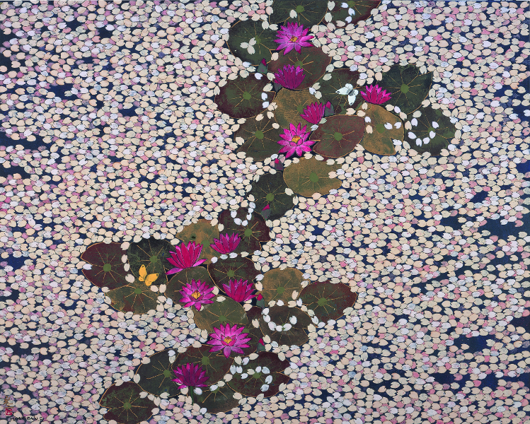 Hiramatsu, le bassin aux nymphéas. Hommage à Monet. : Hiramatsu Reiji, Cerisiers et nymphéas, 2011, Nihonga, 72,7 x 90,9 cm, Musée des Impressionnismes Giverny, © Hiramatsu Reiji