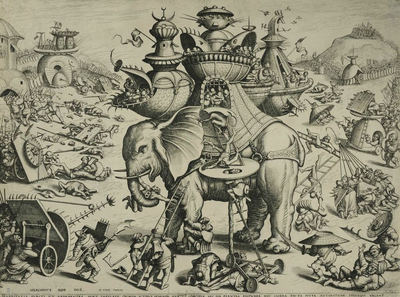 Hieronymus Cock, la gravure à la Renaissance : Joannes et Lucas van Doetecum d’après Hieronymus Bosch, L’Éléphant de guerre, gravure, 40,2 x 53,8 cm. Bibliothèque royale de Belgique, Bruxelles
