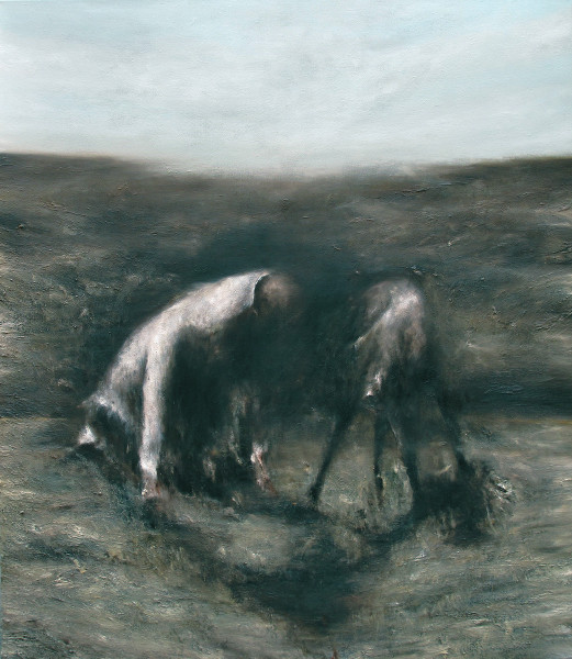 Frantz Metzger, peintures : « Figure humaine et animal », huile sur toile, 140 x 120, 2013, photo d'atelier