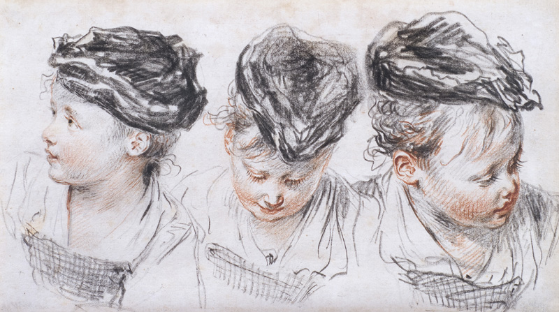 Watteau dessinateur : le plaisir virtuose : Jean-Antoine Watteau, Three Studies of a Young Girl Wearing a Hat, c. 1716, Red and black chalk, graphite on paper, Collection of Ann and Gordon Getty, San Francisco   