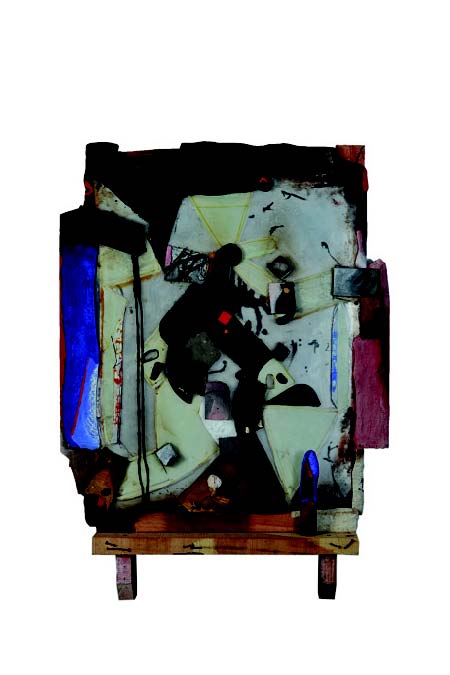 Hélénon - Repères : Jonglerie. 2009, technique mixte et collage sur plexiglas et assemblage bois, matière toilée, poudre de carborundum, clous, 117,5 x 80 cm et plus.