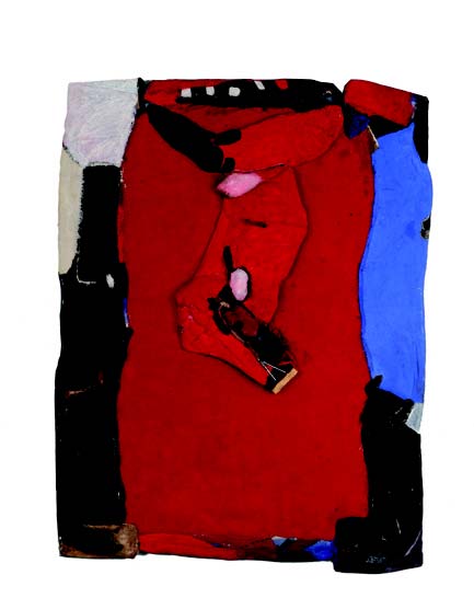 Hélénon - Repères : Rouge-moquette (Expression-Bidonville). 2002, technique mixte et collage sur assemblage bois, matière toilée et clous, 65 x 54 cm.