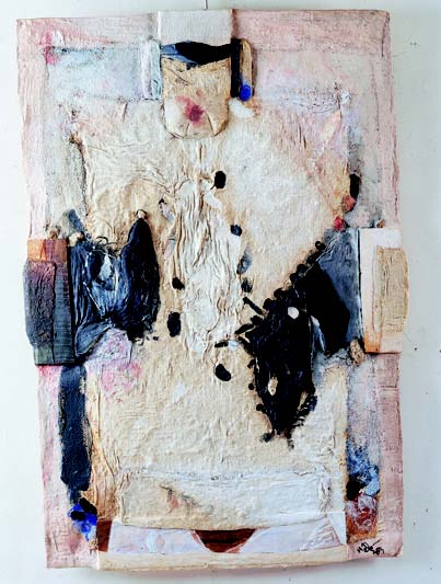 Hélénon - Repères : Ami-Pierrot (Expression-Bidonville). 1997, technique mixte et collage, matière toilée et bois sur papier, 115,5 x 80,5 cm.
