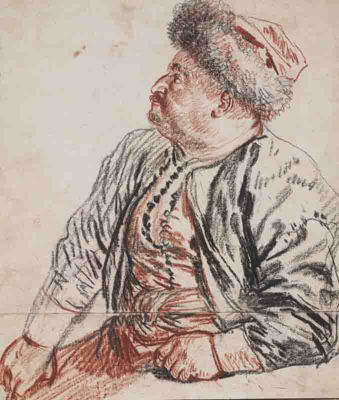 Watteau dessinateur : le plaisir virtuose : Jean-Antoine Watteau, Seated Persian Wearing a Fur Hat, 1715, Red and black chalk on cream paper, Teylers Museum, Haarlem  Photo © Teylers Museum, Haarlem