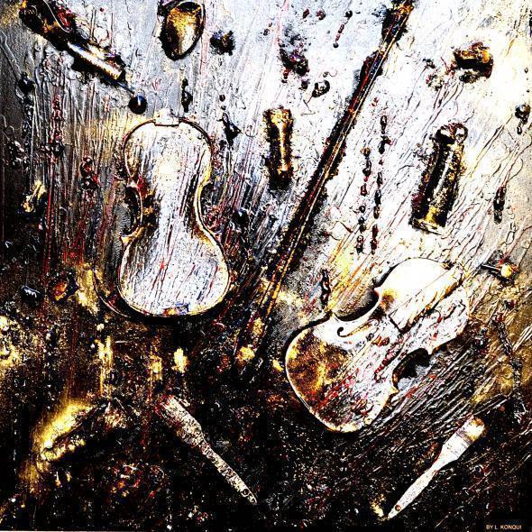 Laurent Konqui : Laurent Konqui. Moz’art Black and Gold. Technique mixte. Violon, tubes et pinceaux sur toile. Peintures à l'huile et pigments. 100*100 cm. Courtesy de l'artiste.
