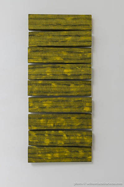 Drôles de trames : Sidival Fila - Metafora verde muschio 9, 2015. Pigments secs sur toile de coton cousue. Se compose de 9 éléments de 85 x 19,5 cm. ©Sebastiano Luciano