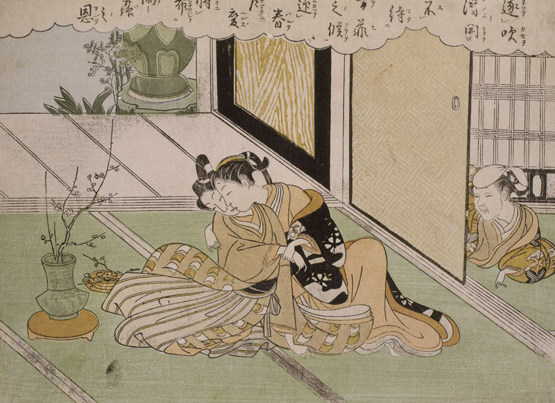 Miroir du désir - Images de femmes dans l'estampe japonaise : Suzuki Harunobu (vers 1725-1770) Deux amants épiés par une servante Époque d’Edo, vers 1765, © RMN-Grand Palais (musée Guimet, Paris) / Harry Bréjat