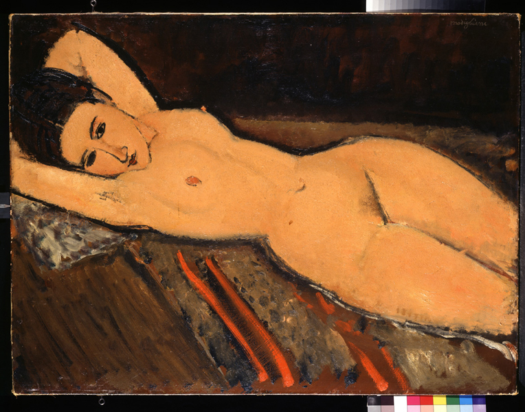 Modigliani et l'école de Paris : Amedeo Modigliani. Nu couché, les bras derrière la tête. 1916, huile sur toile, 65 x 87 cm. Fondation Collection E.G. Bührle, Zurich.
