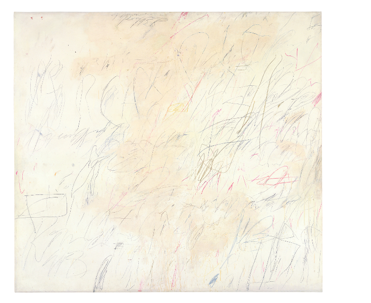 Cy Twombly. Peinture & sculpture : Cy Twombly, Arcadia. 1958, encre à base d'huile, crayon de cire, crayons de couleur et crayon sur toile, 182 x 200 cm. Daros Collection, Schweiz, Cy Twombly Foundation.