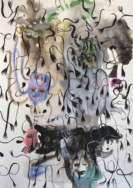 Vincent Bizien. Animal populaire : La maison du sourd. 2015, encre, crayon et gouache sur papier, 140 x 100 cm . Courtesy Maïa Muller