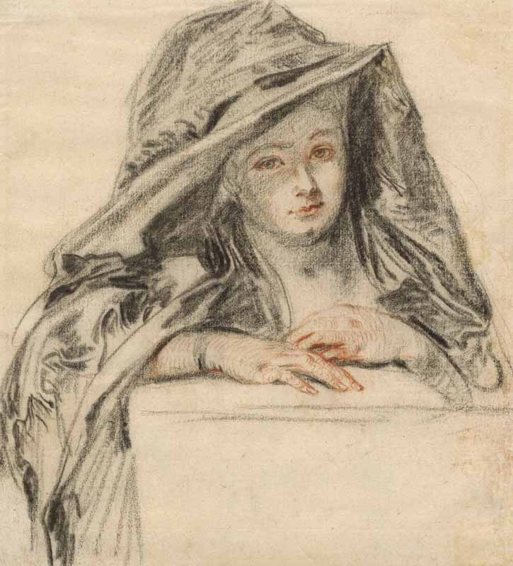 Watteau dessinateur : le plaisir virtuose : Jean-Antoine Watteau, Woman Wearing a Mantle Over Her Head and Shoulders, c. 1718-19, Red and black chalks and graphite on paper, Sterling and Francine Clark Art Institute, Williamstown  Photo © Sterling and Francine Clark Art Institute, Williamstown, Mas